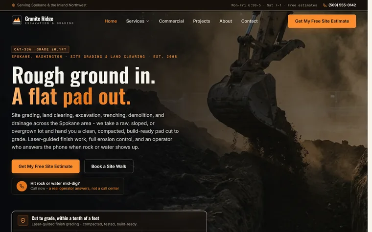 Excavation & Grading website example - Granite Ridge Excavation home page