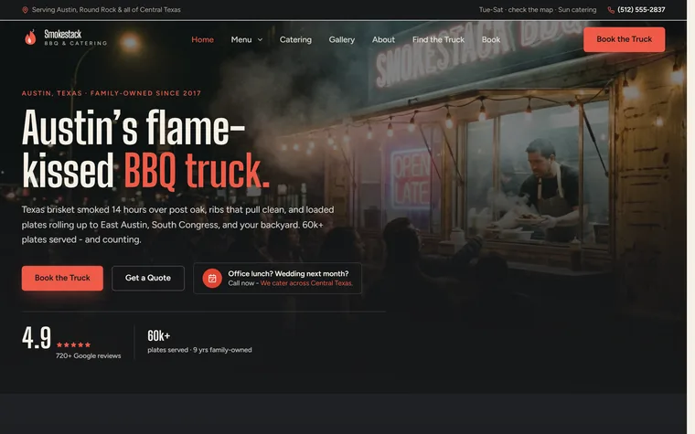 Food Truck website example - Rolling Smoke BBQ home page
