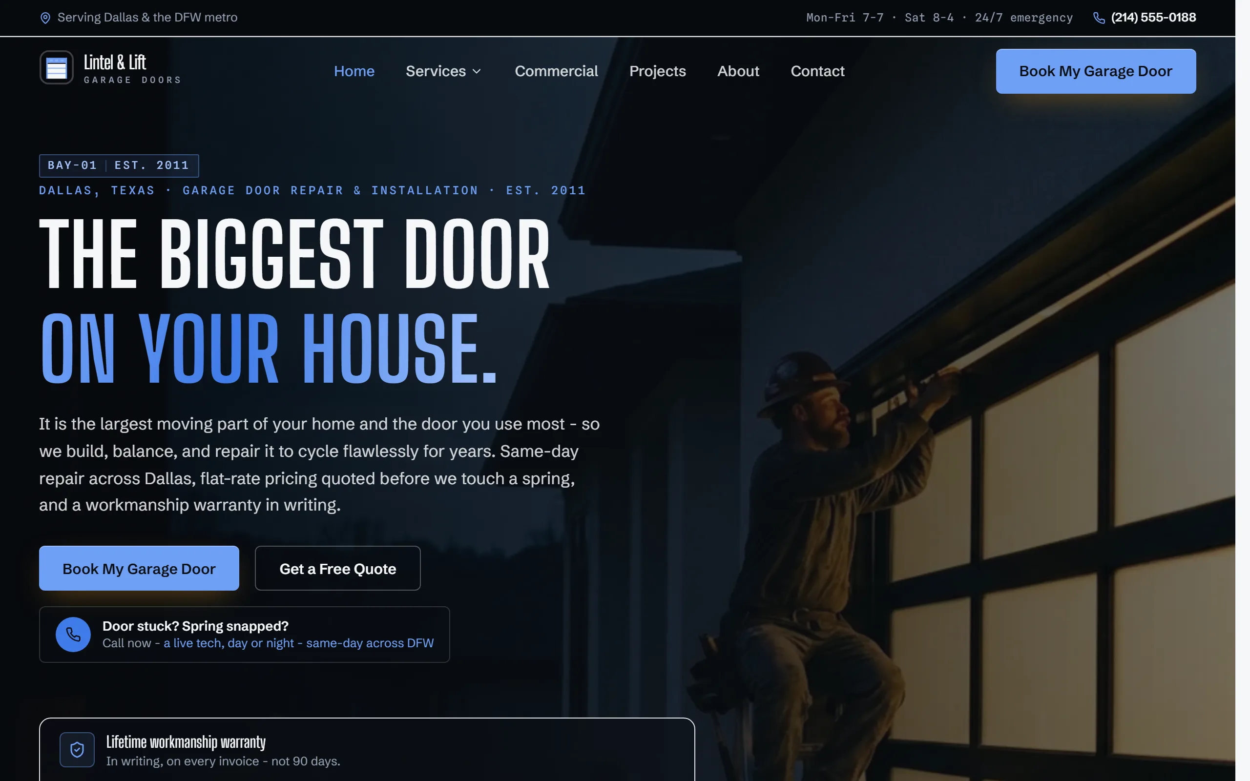 Garage Door Repair & Installation website example - Lintel & Lift Garage Doors home page