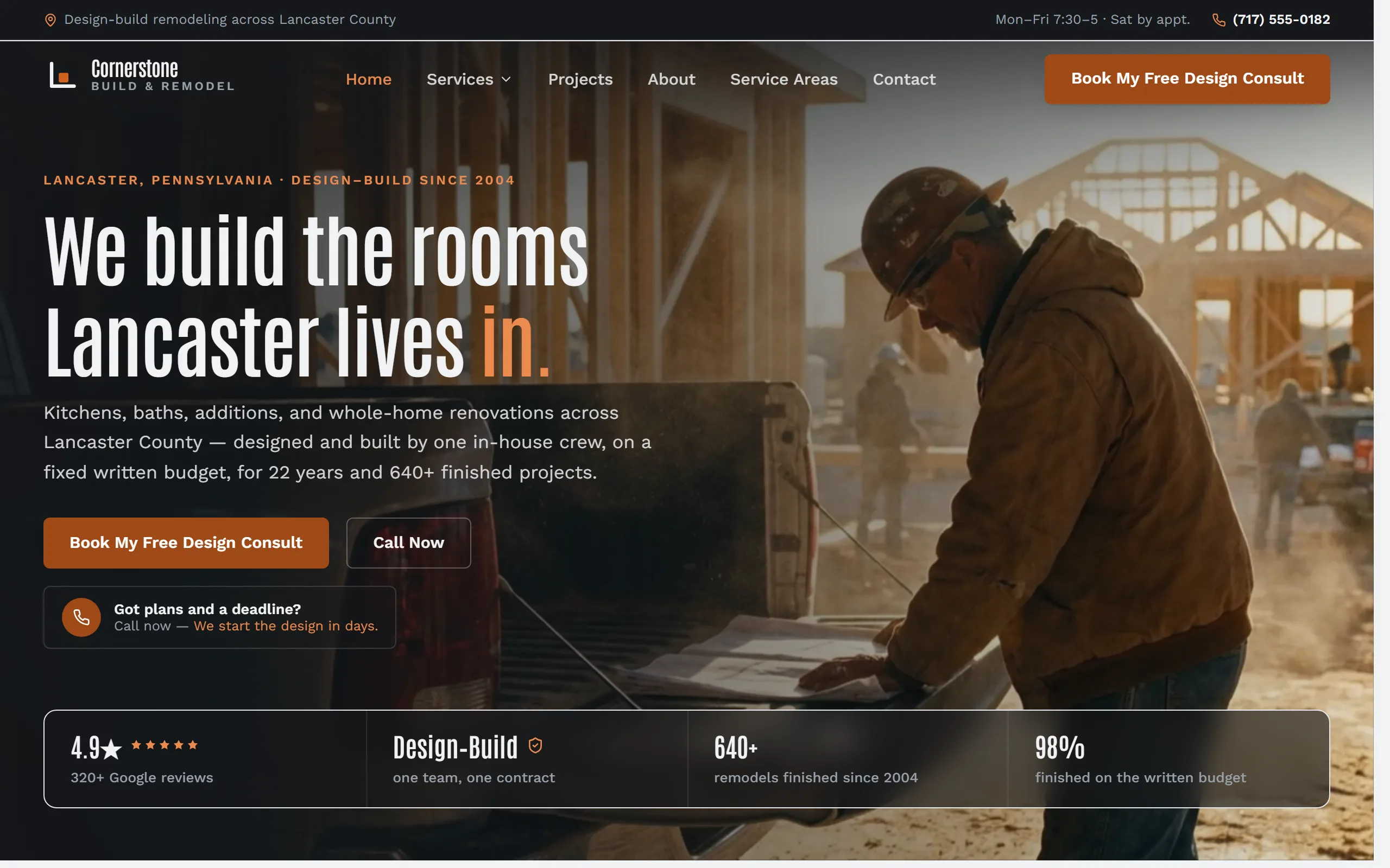 General Contractor / Home Remodeling website example - Cornerstone Build & Remodel home page