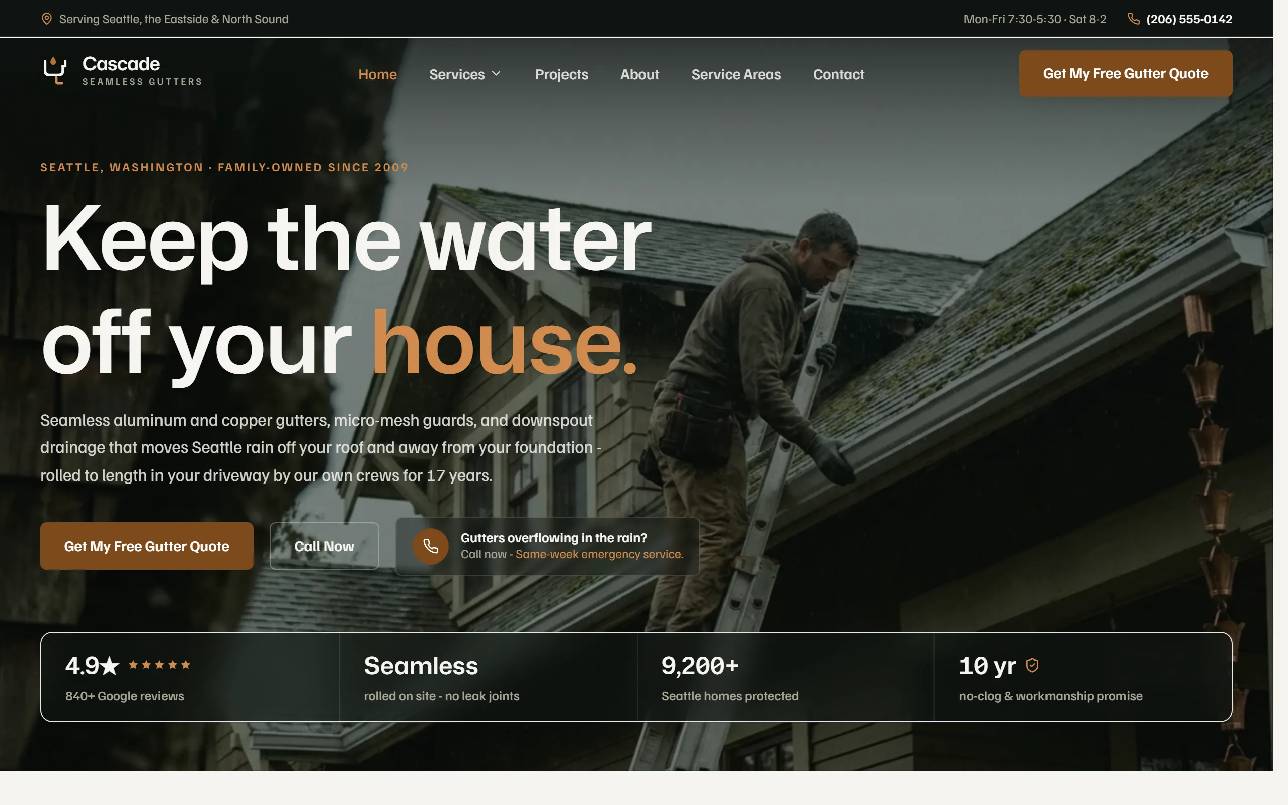 Gutters website example - Cascade Seamless Gutters home page