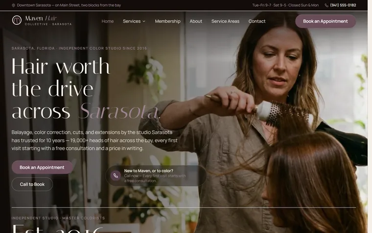 Hair Salon website example - Maven Hair Collective home page