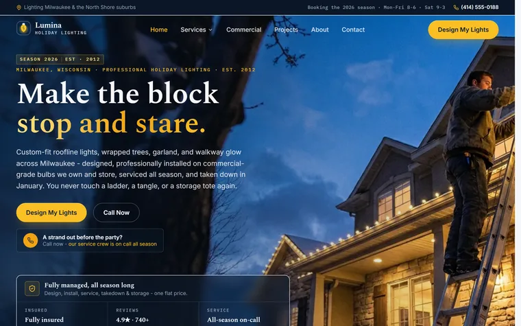 Holiday & Christmas Lighting website example - Lumina Holiday Lighting home page
