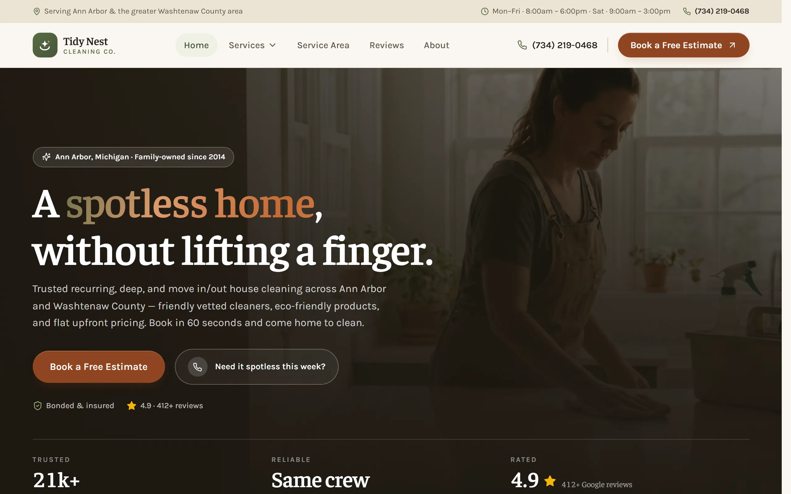 House Cleaning & Maid Service website example - Tidy Nest Cleaning Co. home page