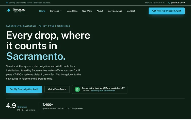 Irrigation & Sprinklers website example - Greenline Irrigation home page