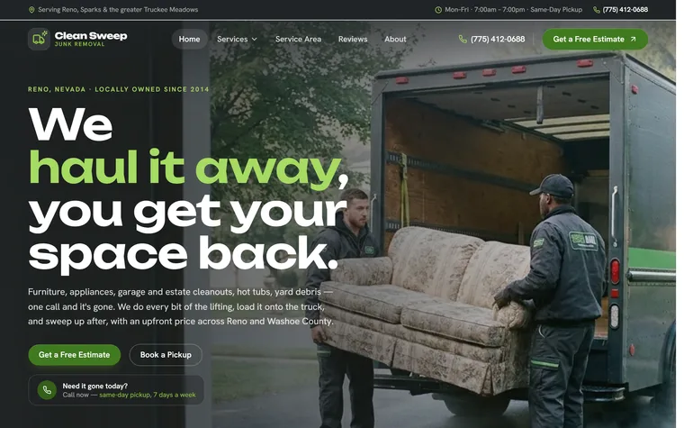 Junk Removal & Hauling website example - Clean Sweep Junk Removal home page