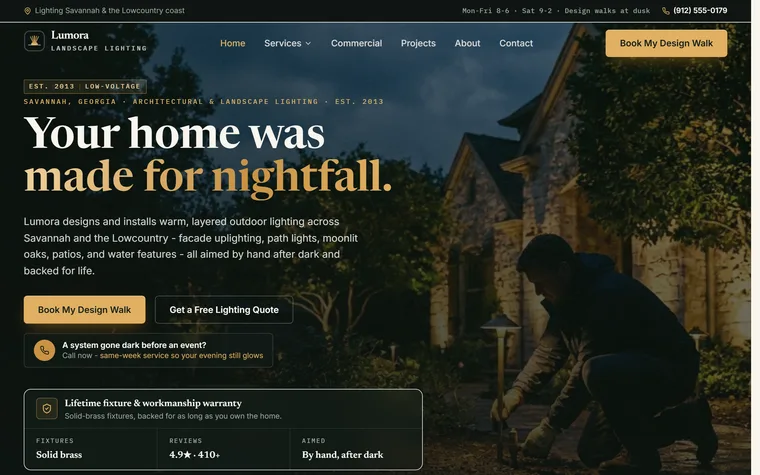 Landscape & Outdoor Lighting website example - Lumora Landscape Lighting home page