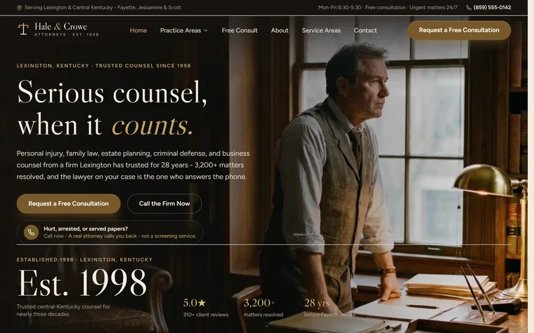 Law Firm website example - Hale & Crowe Law home page