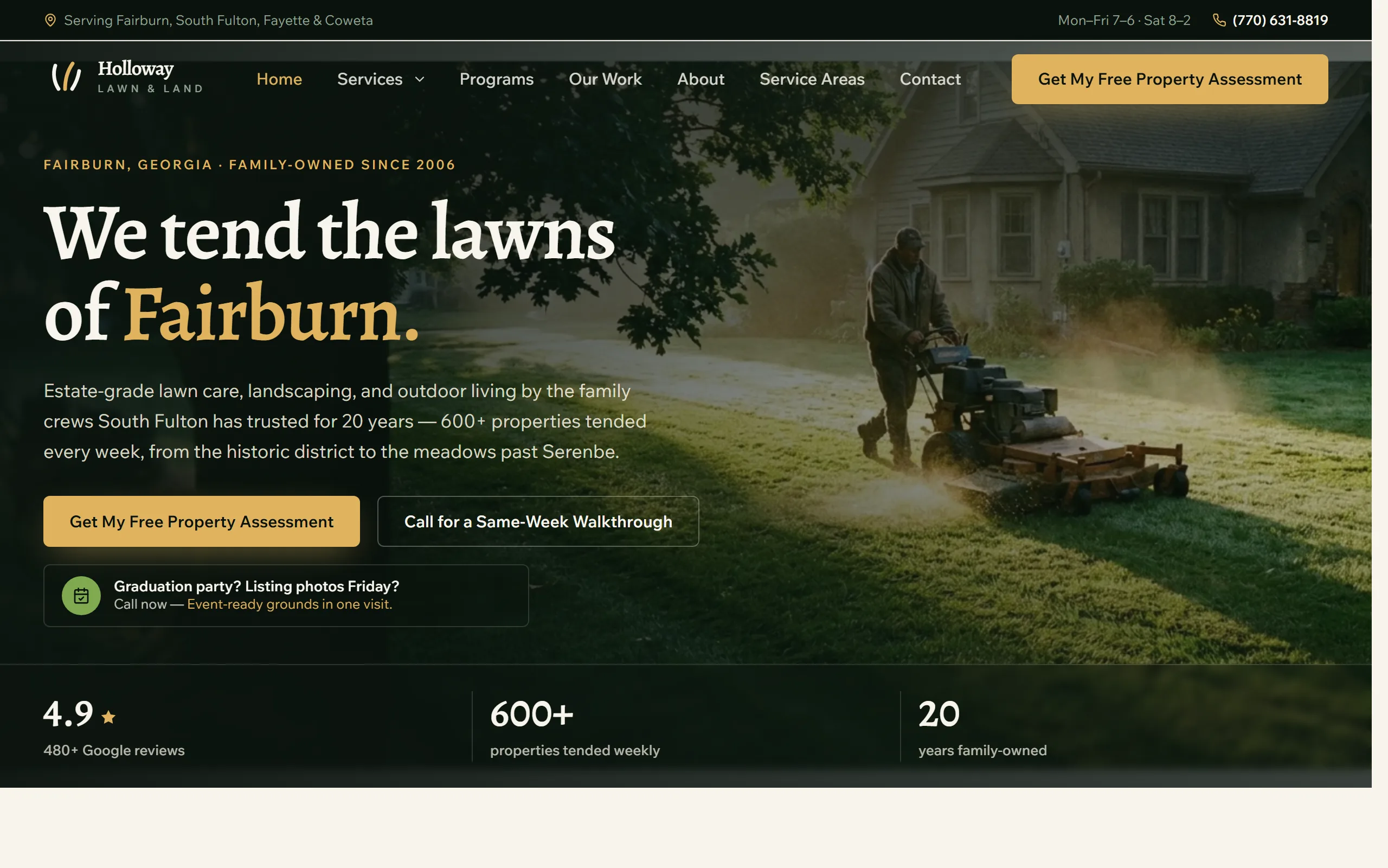 Lawn Care website example - Holloway Lawn & Land home page