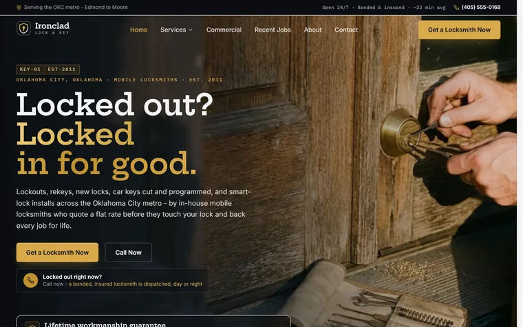 Locksmith website example - Ironclad Lock & Key home page
