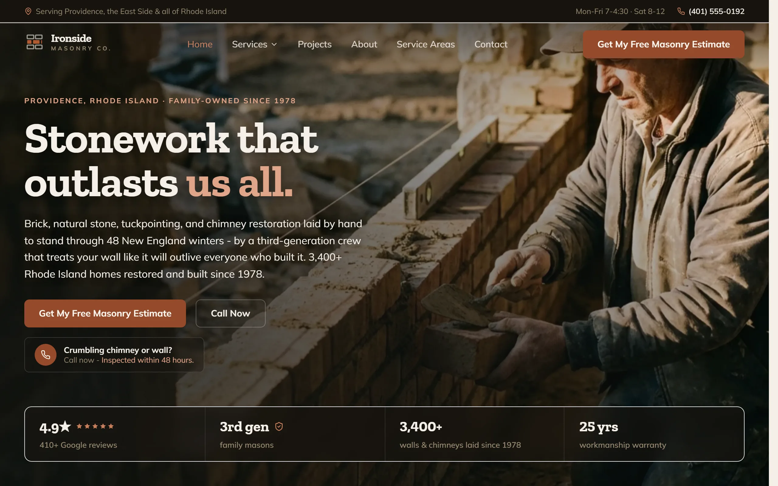 Masonry (Brick & Stone) website example - Ironside Masonry Co. home page