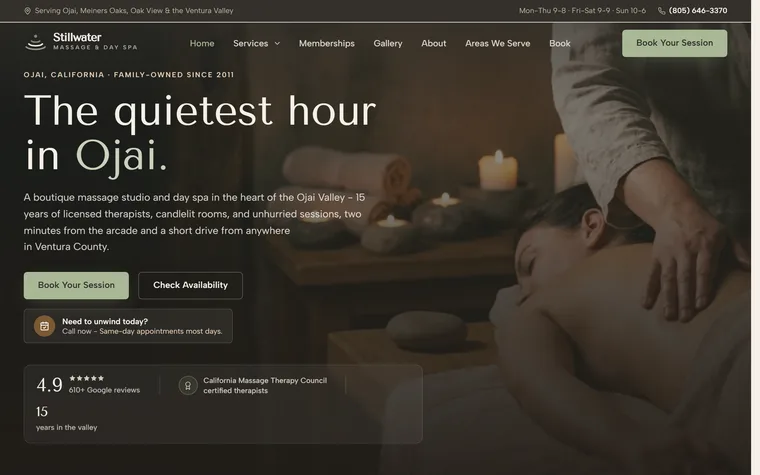 Massage Therapy & Day Spa website example - Stillwater Massage & Day Spa home page