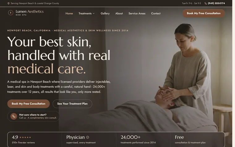 Med Spa & Aesthetics website example - Lumen Aesthetics Med Spa home page