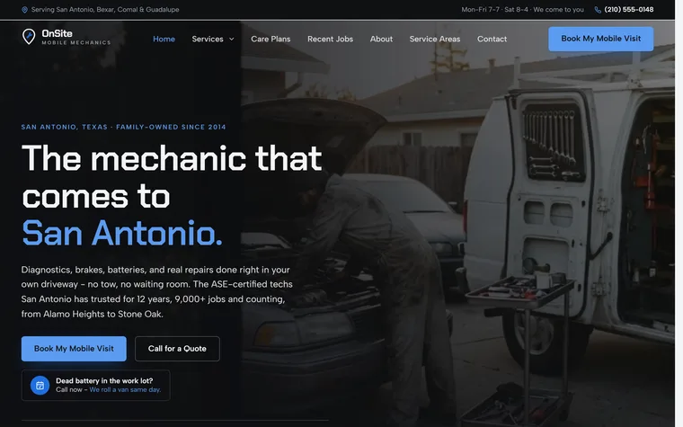 Mobile Mechanic website example - OnSite Mobile Mechanics home page