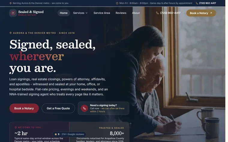 Mobile Notary website example - Sealed & Signed Mobile Notary home page