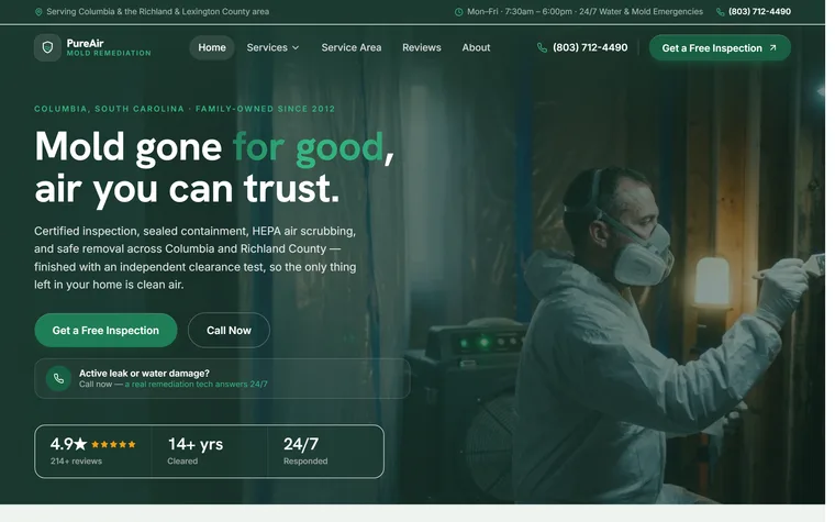 Mold Remediation website example - PureAir Mold Remediation home page