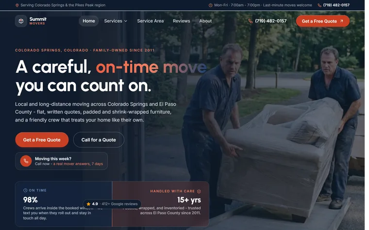Moving Company website example - Summit Movers home page