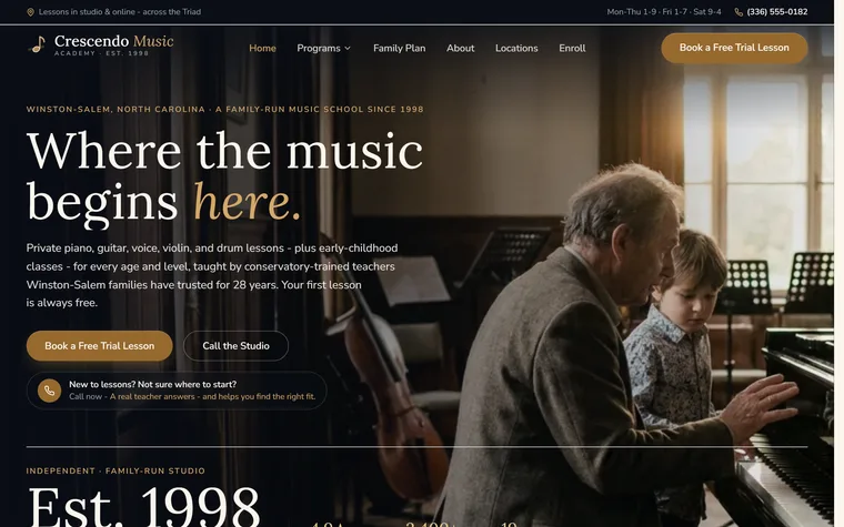 Music Lessons website example - Crescendo Music Academy home page