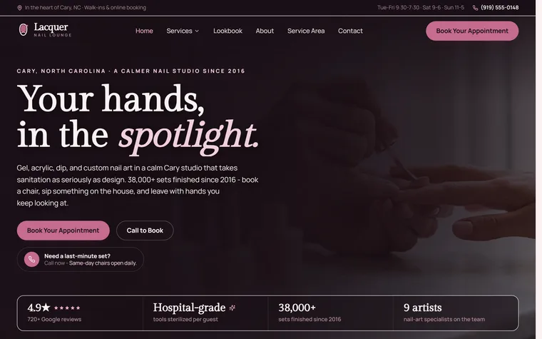 Nail Salon website example - Lacquer Nail Lounge home page