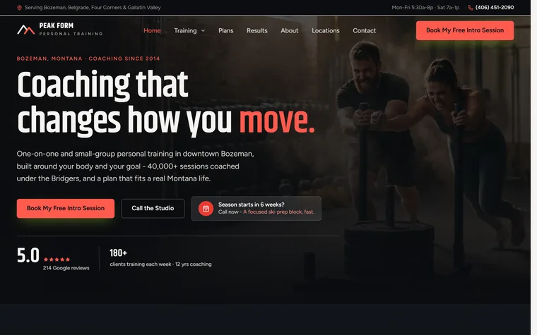 Personal Training website example - Peak Form Personal Training home page
