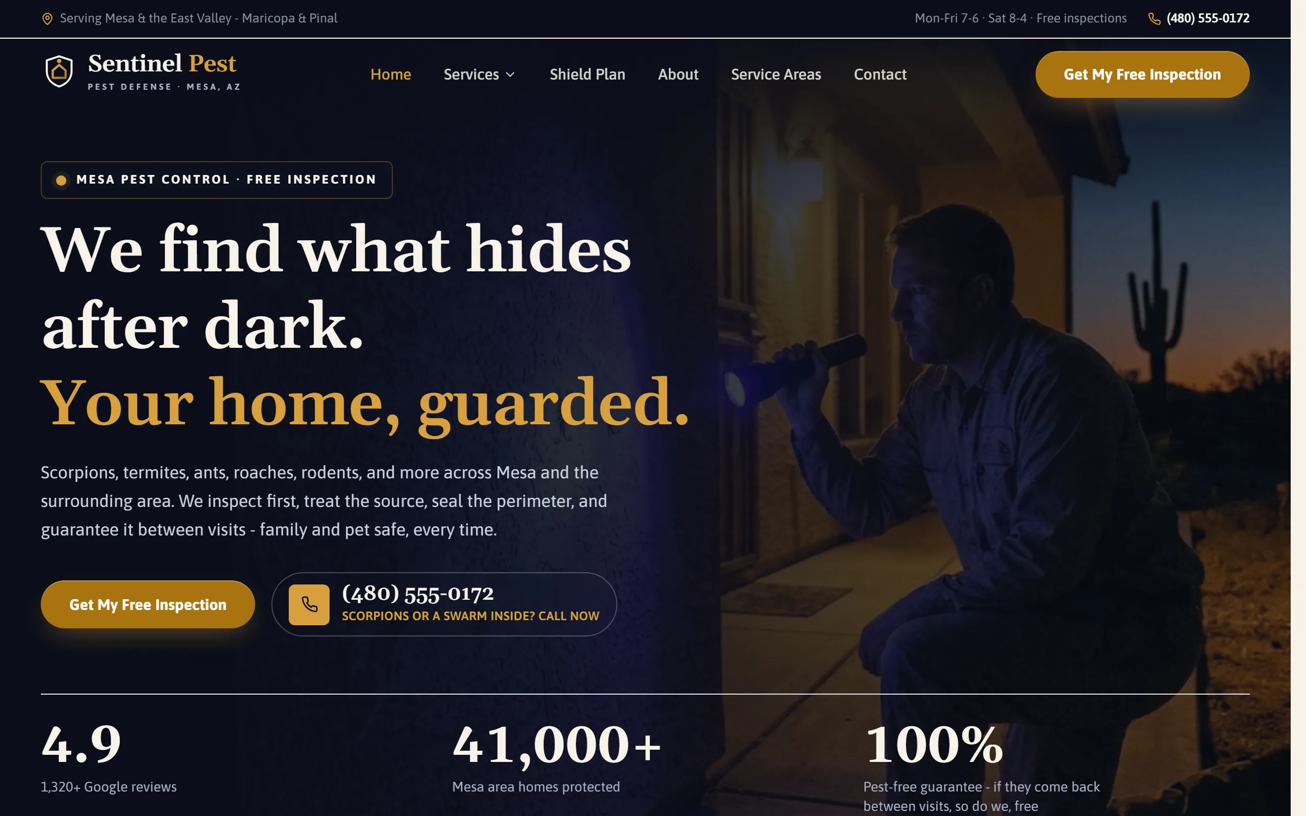 Pest Control website example - Sentinel Pest Defense home page