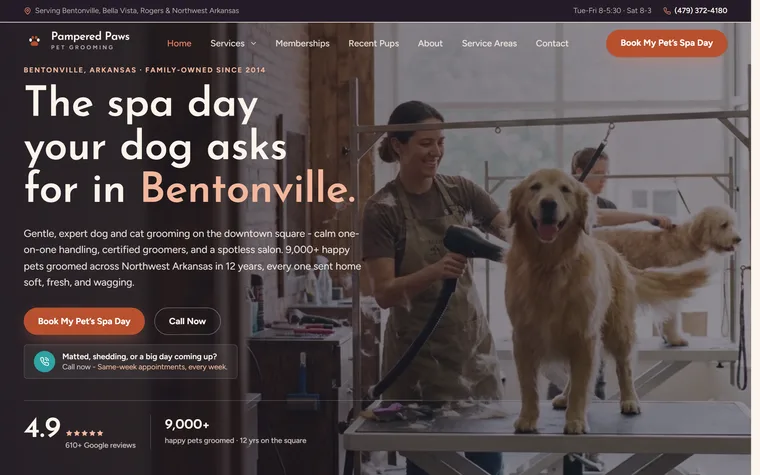 Pet Grooming website example - Pampered Paws Pet Grooming home page