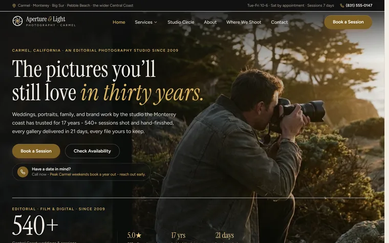 Photography Studio website example - Aperture & Light Photography home page