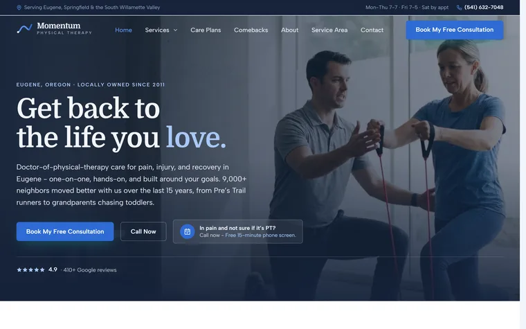 Physical Therapy website example - Momentum Physical Therapy home page