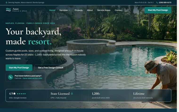 Pool Design & Construction website example - Azure Pools & Spas home page
