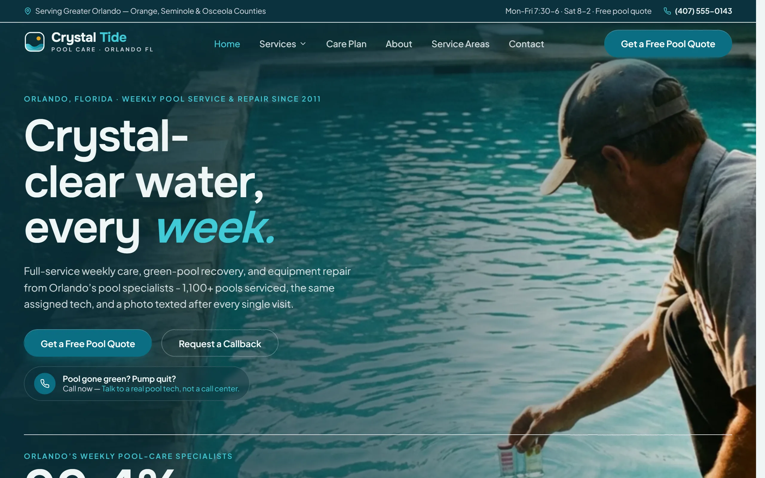 Pool Service & Cleaning website example - Crystal Tide Pool Care home page