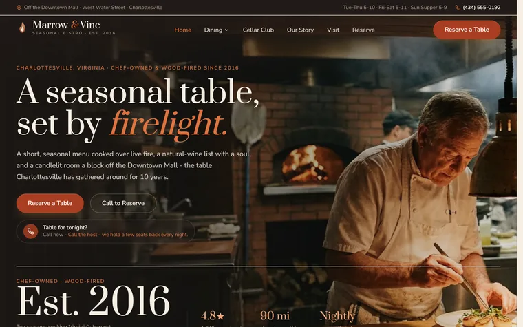 Restaurant website example - Marrow & Vine home page