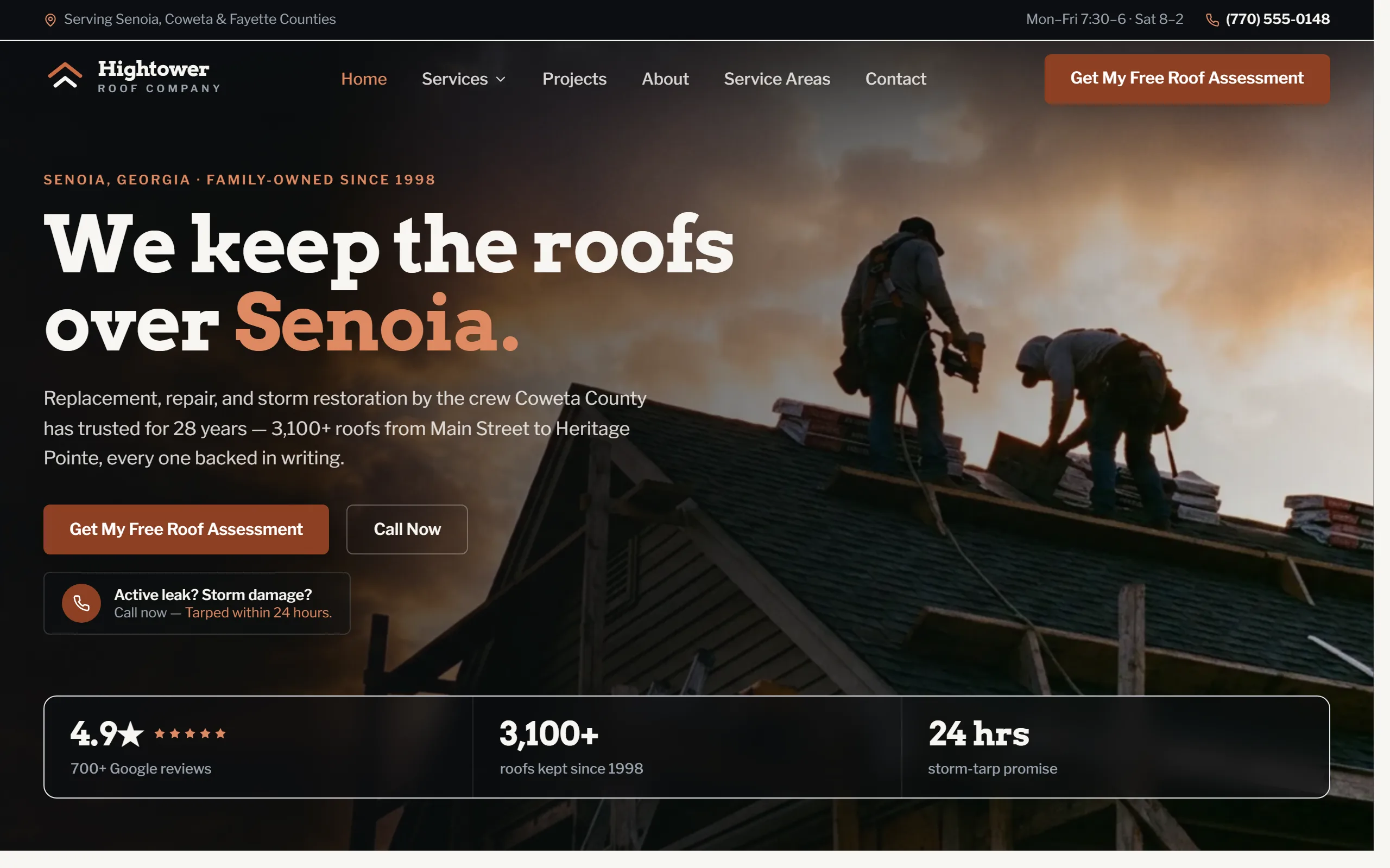 Roofing website example - Hightower Roof Company home page