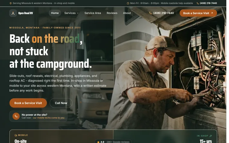 RV Repair & Service website example - Open Road RV Service home page