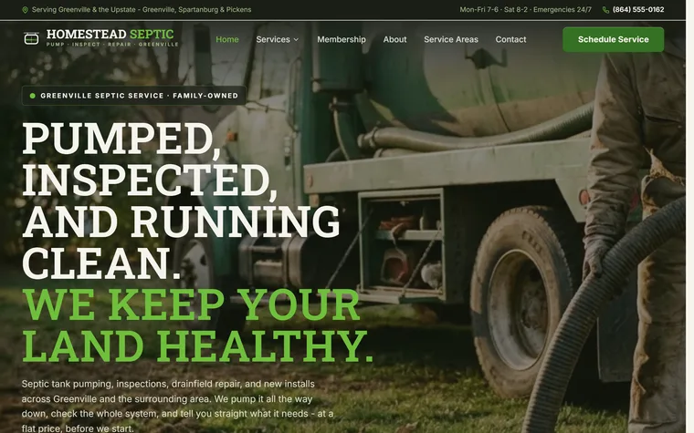 Septic Tank Service website example - Homestead Septic Co. home page
