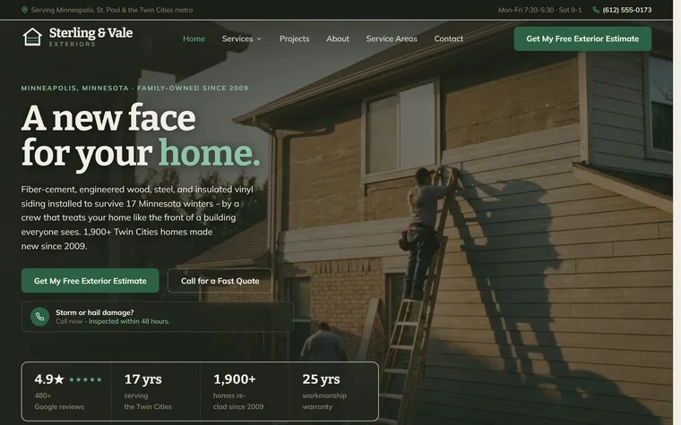 Siding website example - Sterling & Vale Exteriors home page