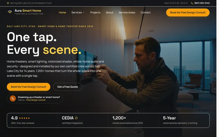 Smart Home & Home Theater website example - Aura Smart Home home page