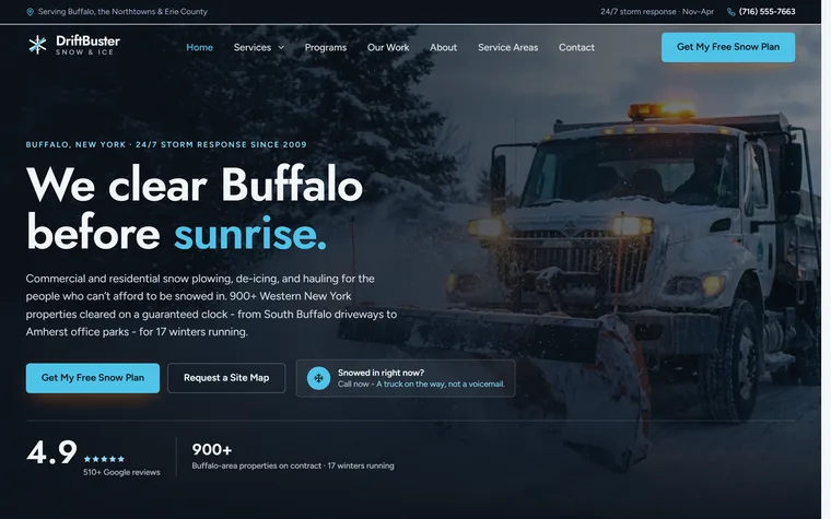Snow & Ice Removal website example - DriftBuster Snow & Ice home page