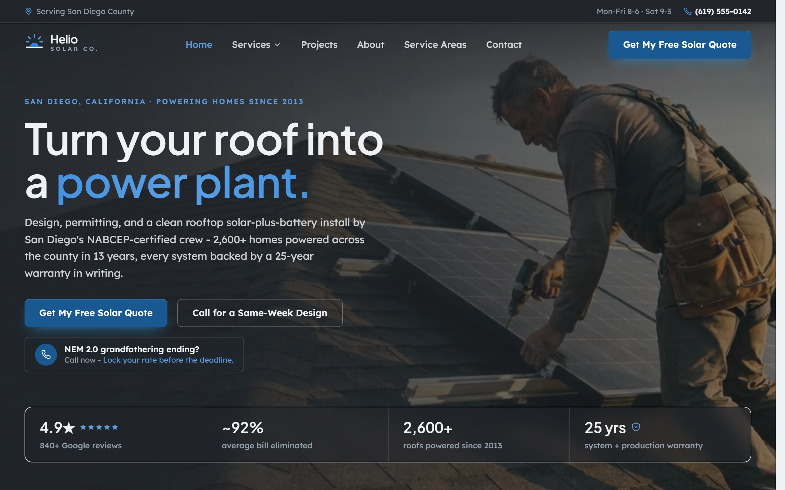 Solar Panel Installation website example - Helio Solar Co. home page