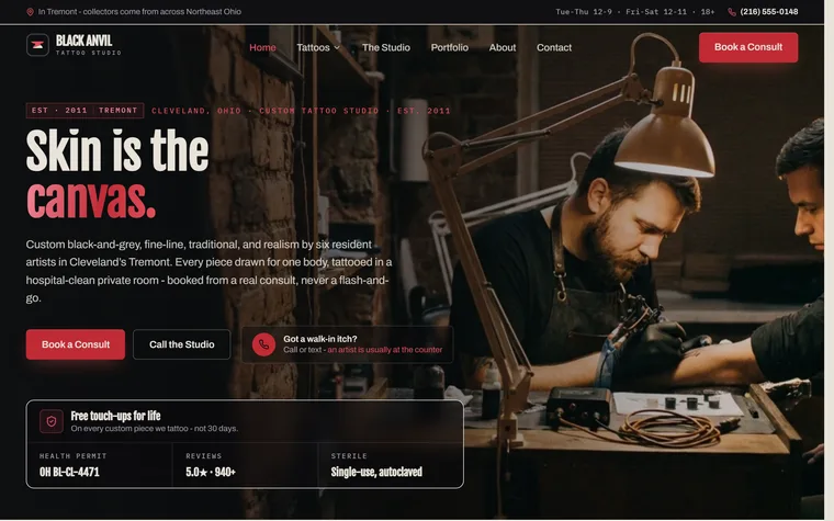 Tattoo Studio website example - Black Anvil Tattoo home page