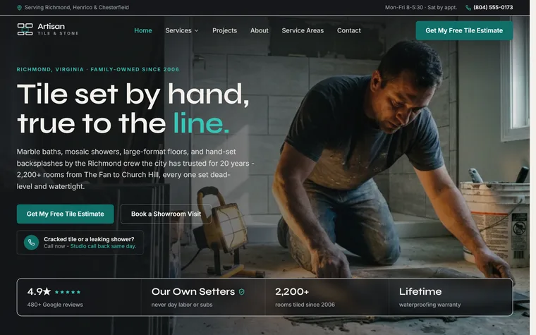 Tile Installation website example - Artisan Tile & Stone home page
