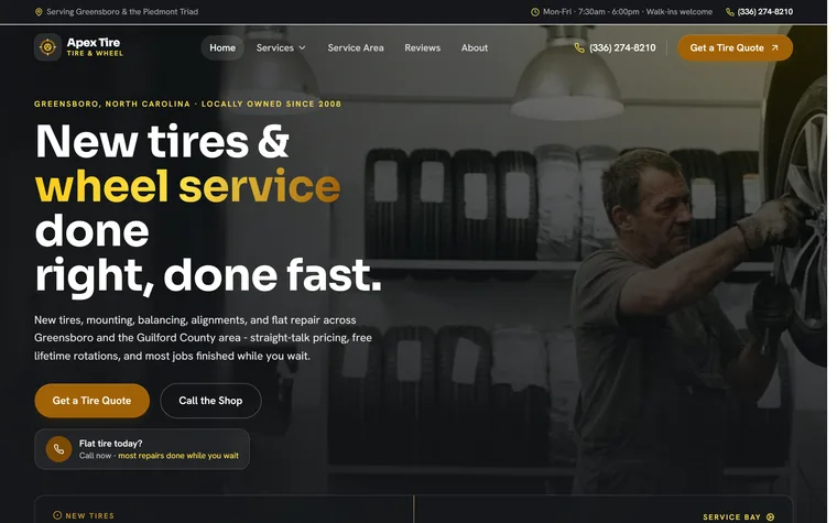 Tire Shop & Wheel Service website example - Apex Tire & Wheel home page