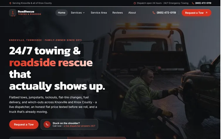 Towing & Roadside Assistance website example - RoadRescue Towing home page