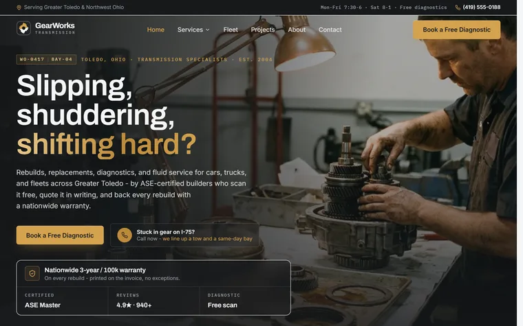 Transmission Repair website example - GearWorks Transmission home page