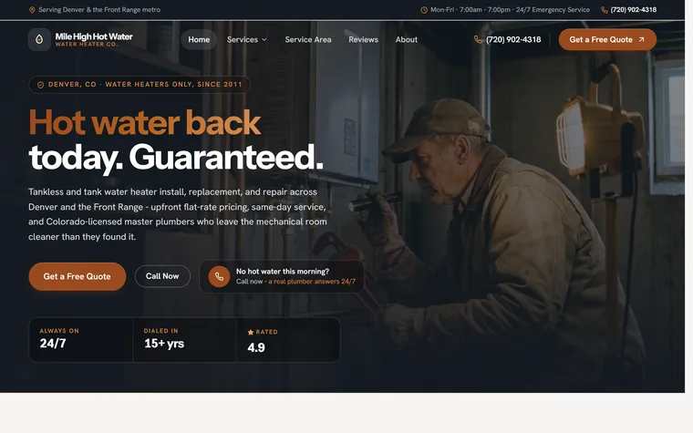 Water Heater Services website example - Mile High Hot Water Co. home page