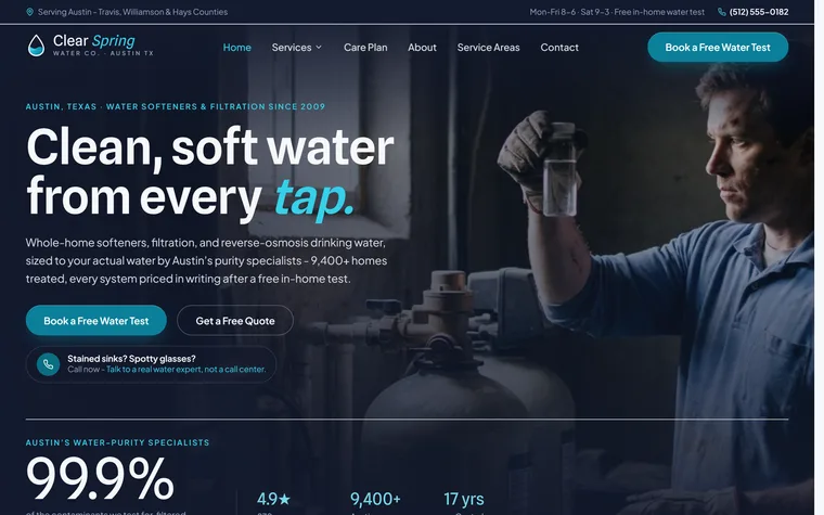 Water Treatment & Water Softeners website example - Clear Spring Water Co. home page