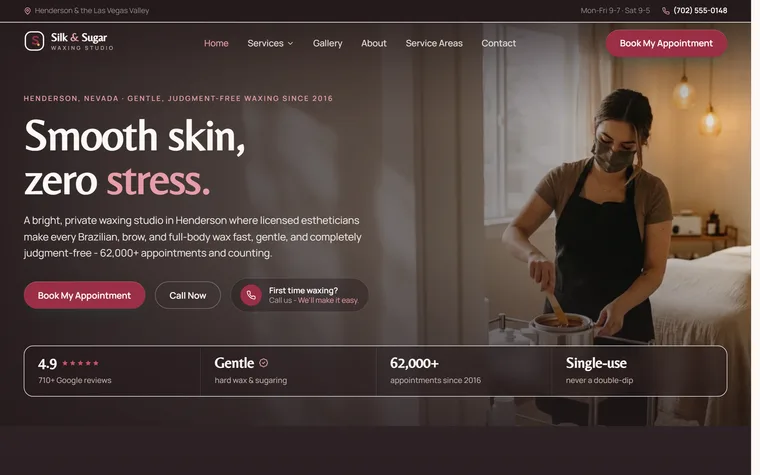 Waxing & Hair Removal website example - Silk & Sugar Waxing Studio home page