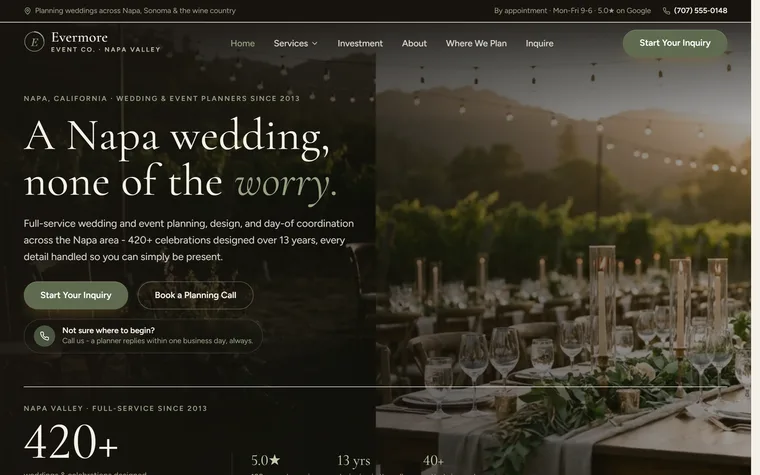 Wedding & Event Planning website example - Evermore Event Co. home page