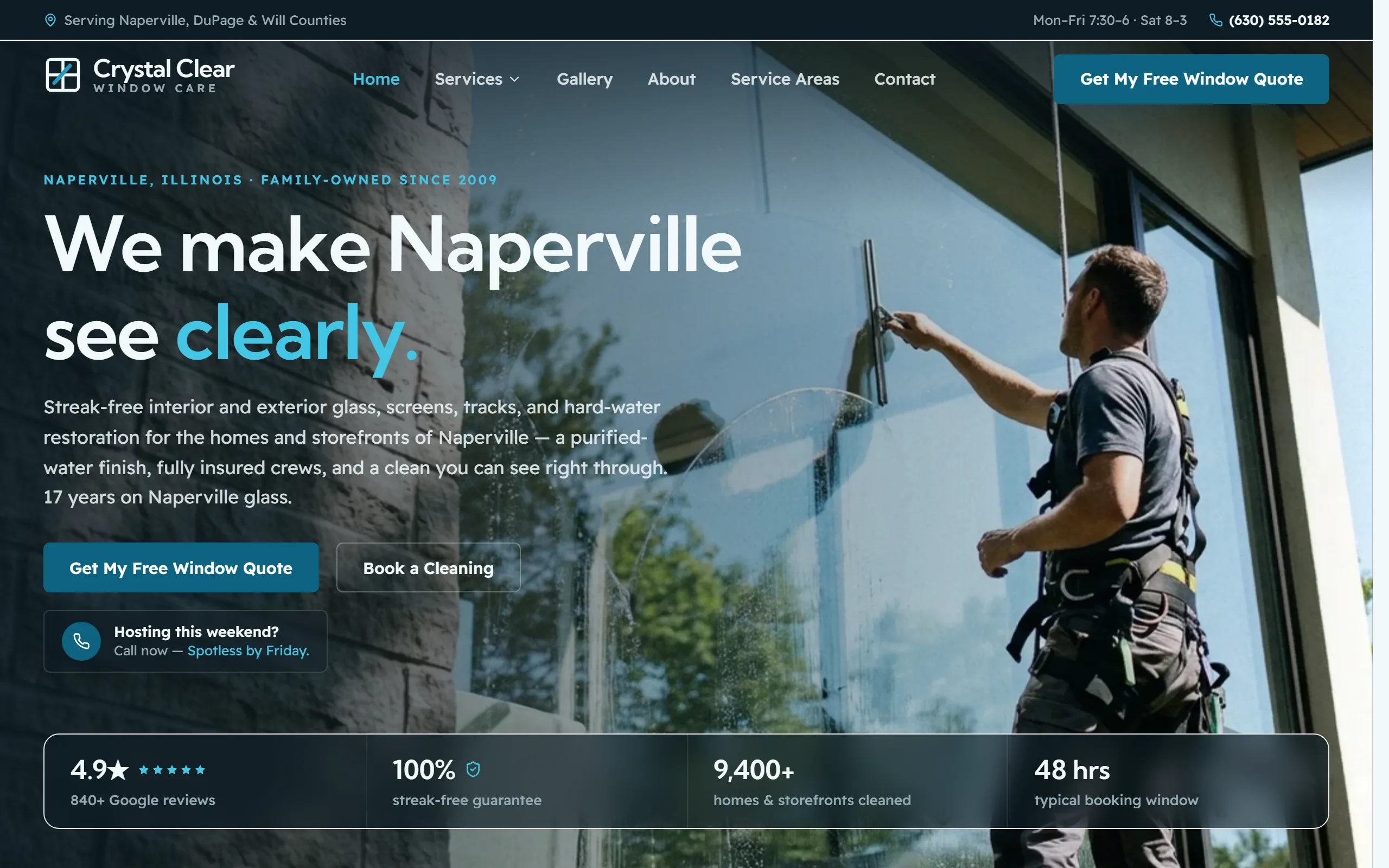 Window Cleaning website example - Crystal Clear Window Care home page