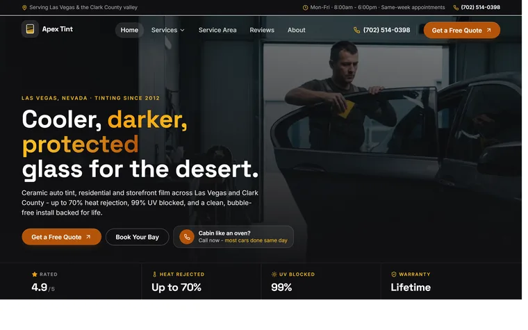 Window Tinting website example - Apex Window Tint home page