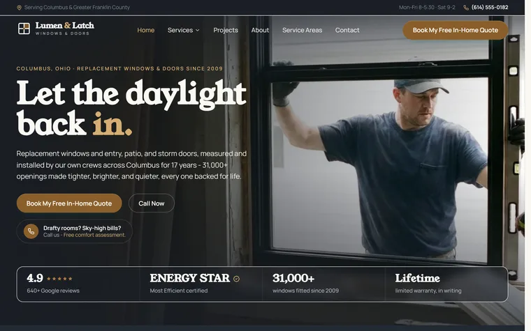Windows & Doors website example - Lumen & Latch home page
